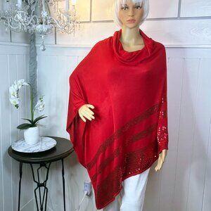 Allison Daley Red Sequin trimmed Cowl Neck Poncho  XL